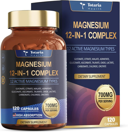 Complejo de Magnesio Totaria 12 en 1 (700mg) - Sueño Profundo y Alivio Muscular - 120 Cápsulas.