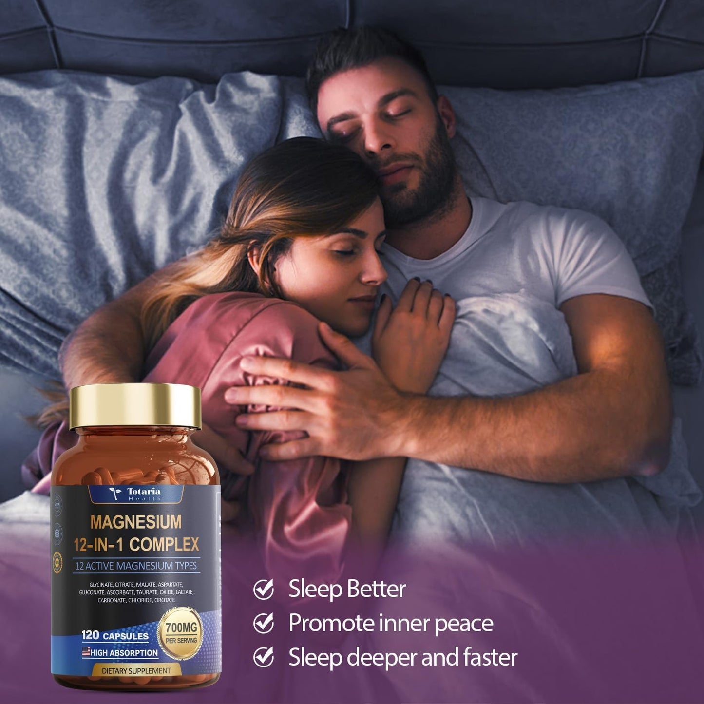 Complejo de Magnesio Totaria 12 en 1 (700mg) - Sueño Profundo y Alivio Muscular - 120 Cápsulas.