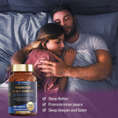 Complejo de Magnesio Totaria 12 en 1 (700mg) - Sueño Profundo y Alivio Muscular - 120 Cápsulas.