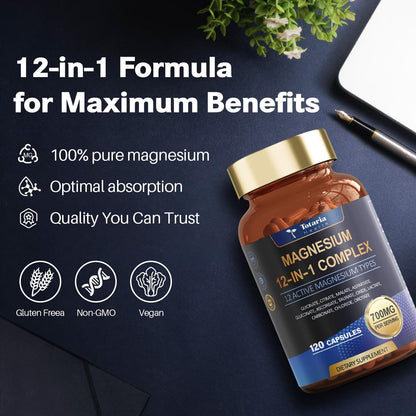 Complejo de Magnesio Totaria 12 en 1 (700mg) - Sueño Profundo y Alivio Muscular - 120 Cápsulas.