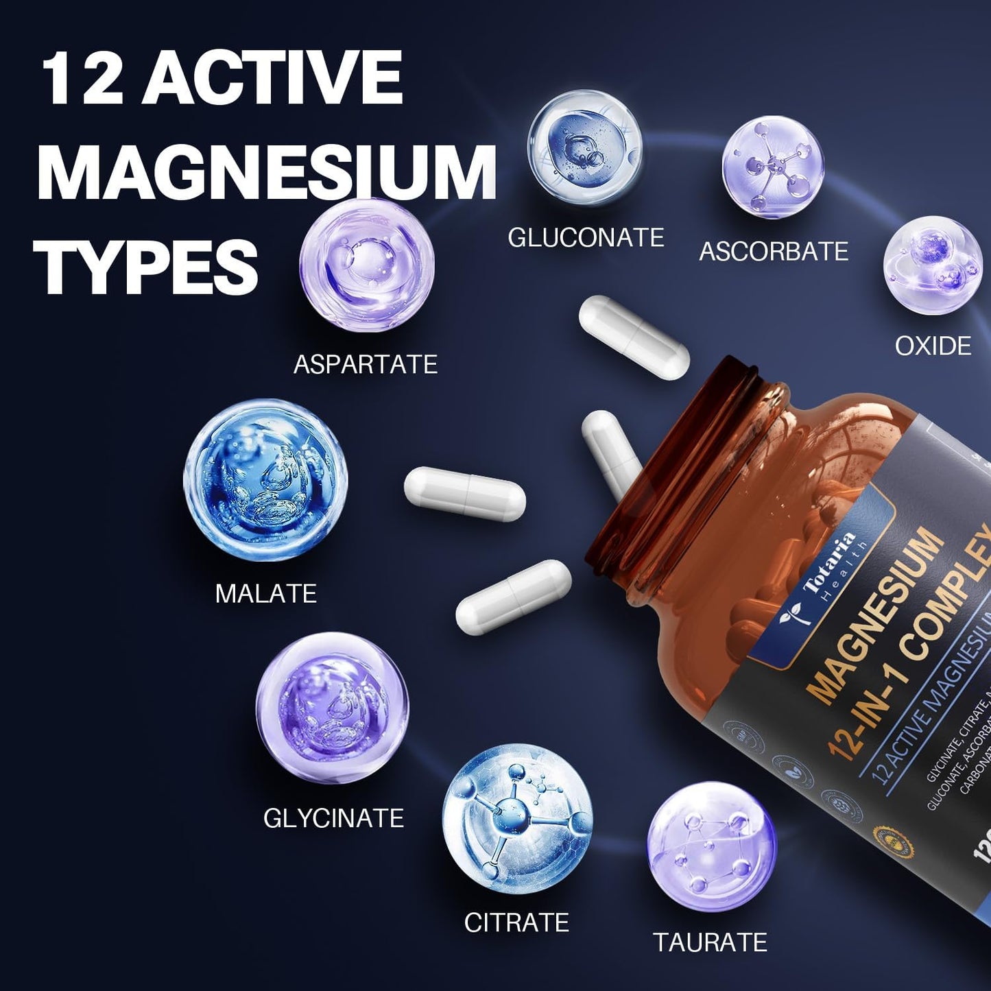 Complejo de Magnesio Totaria 12 en 1 (700mg) - Sueño Profundo y Alivio Muscular - 120 Cápsulas.